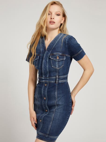 Rochie Denim Bodycon Nasturi Albastri Guess