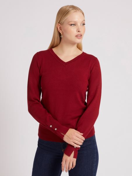 Guess Pulover Roșu Cu Decolteu în V