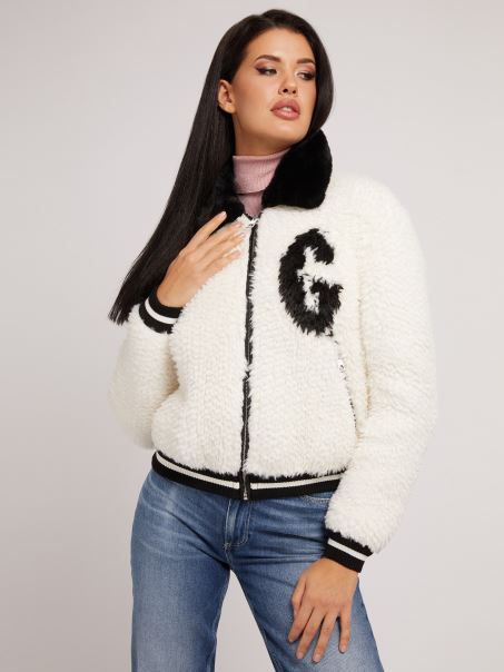 Bomber Din Blană Artificială Jacquard Alb Guess