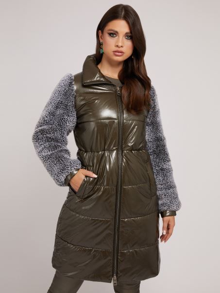 Geacă De Nailon Guess De Blană Artificială Verde