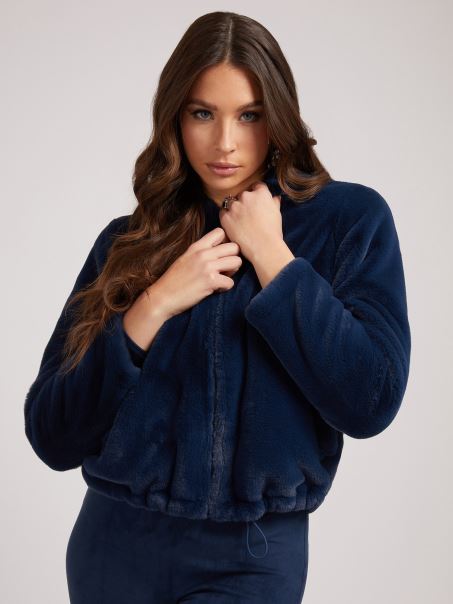 Geacă Cu Logo Guess Blană Artificială Albastră