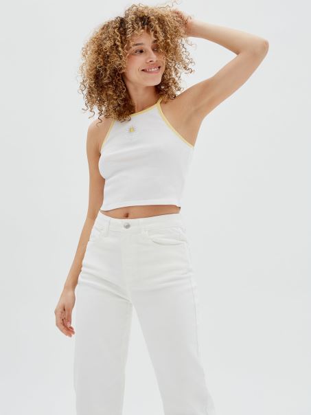 Maiou Alb Crop Cu Margaretă Din Față Guess