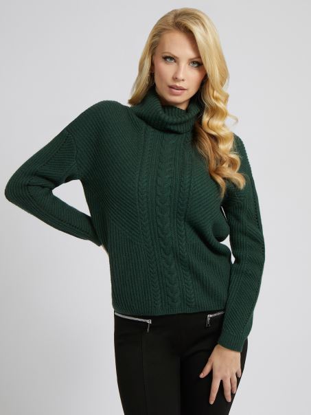 Pulover Cu Gât țestoasă Tricot Cablu Verde Guess