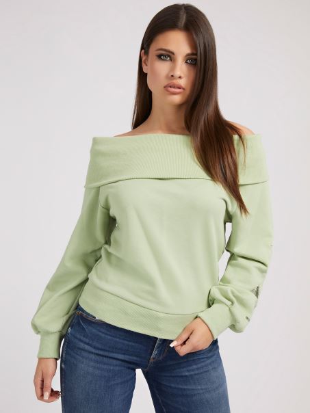 Guess Hanorac Verde Deschis Pe Un Umăr