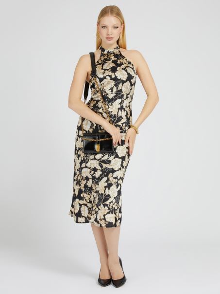 Rochie Din Satin Cu Imprimeu Floral Fantezie Florala Guess