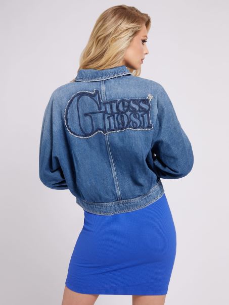 Guess Spate Broderie Jachetă Denim Albastru