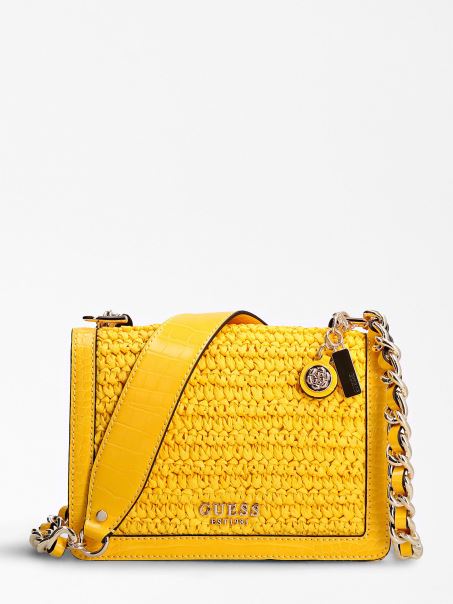Geantă Crossbody Mini Guess Abey Rafia Galbenă