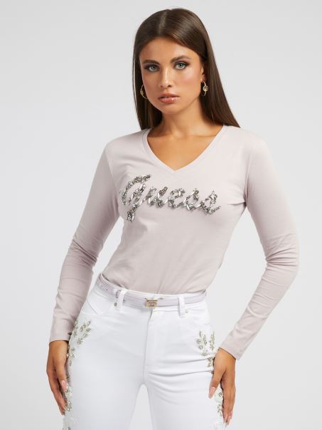 Tricou Logo Cu Strasuri Guess Gri