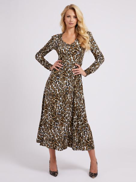 Guess Animalier Rochie Lunga Animalier