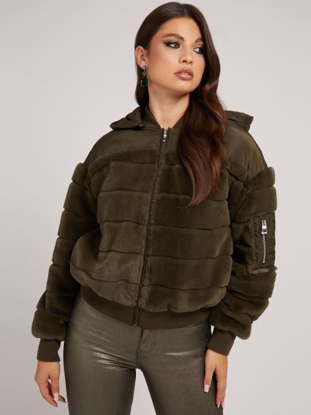 Bomber De Nailon Cu Blană Artificială Guess Verde Multi