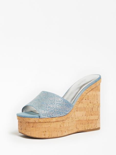 Catiae Rhinestone Denim Wedge Mule Blue Guess