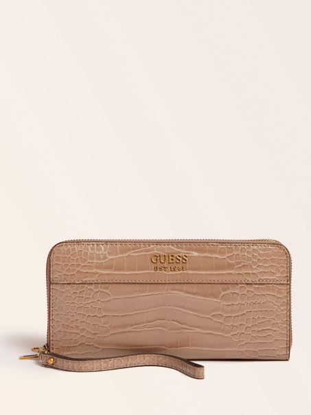 Portofel Maxi Cu Imprimeu Croco Katey Crem Guess