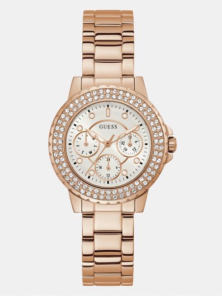 Ceas Multifunctional Cu Cristal De Aur Roz Guess
