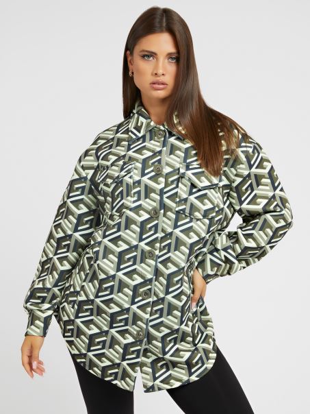 Rochie Cămașă De Scuba Cu Logo Guess All Over G Cube Verde