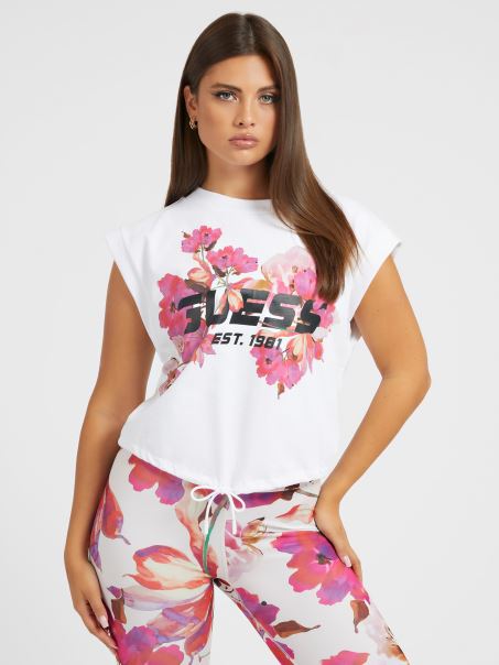 Crop Top Cu Logo Floral în Față Alb Guess
