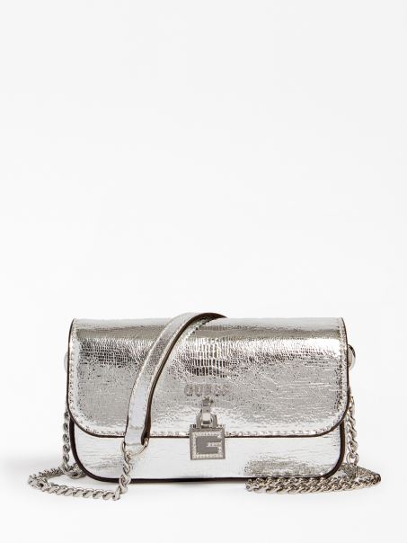 Geantă De Umăr Mini De Toamnă De Noapte Foliată Guess Argintie