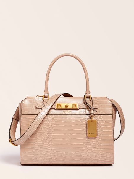 Geantă De Mână Guess Cu Imprimeu Croco Rafie Bej
