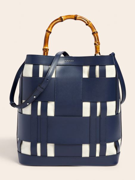 Geantă Hobo Din Piele Naturală țesută Aida Albastru Guess
