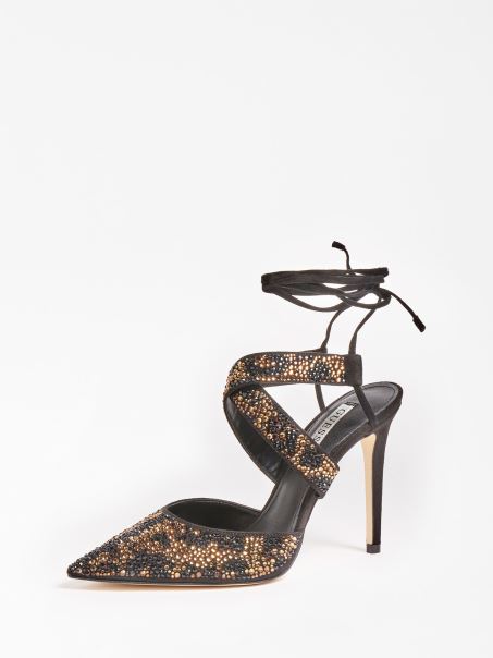 Sandală Neagră Cu Strasuri Guess Animalier Strălucitoare