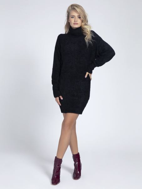 Guess Rochie Neagră Din Tricot Cu Gât înalt