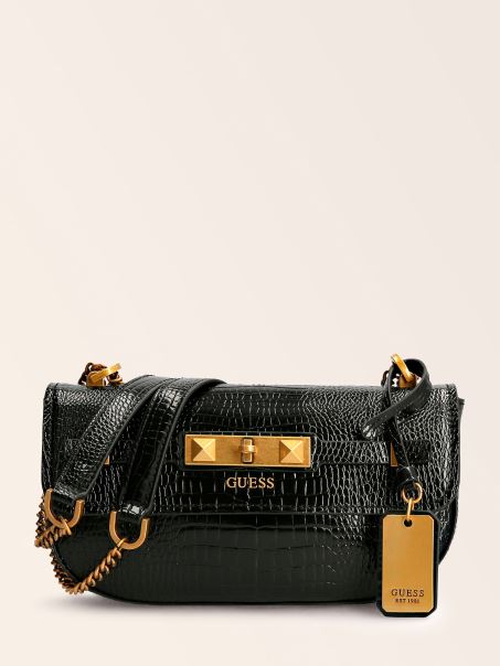 Geanta Crossbody Cu Imprimeu Croco Rafie Neagra Guess