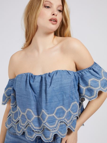 Top Din Denim Brodat Guess Albastru