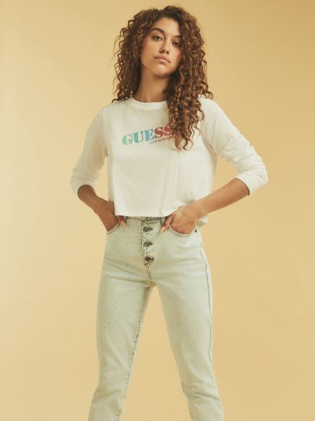 Guess Crop Tricou Logo Alb
