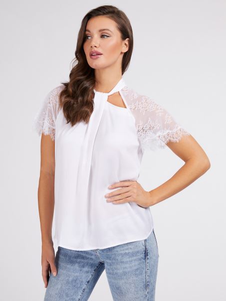 Dantelă Inserție Top Satin Alb Guess