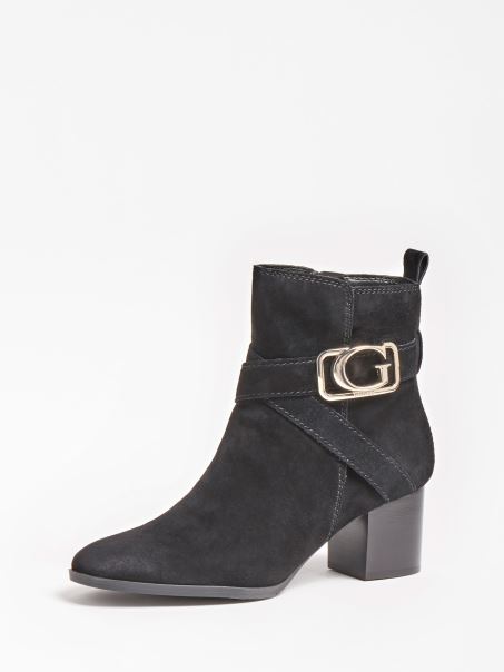Botine De Piele Intoarsa Patinata Neagra Guess