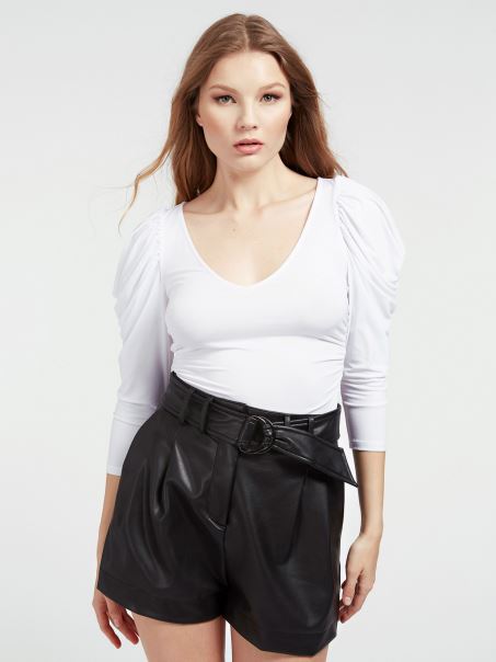 Alb Ghici Mâneci Trei Sferturi Adunate Umeri Top