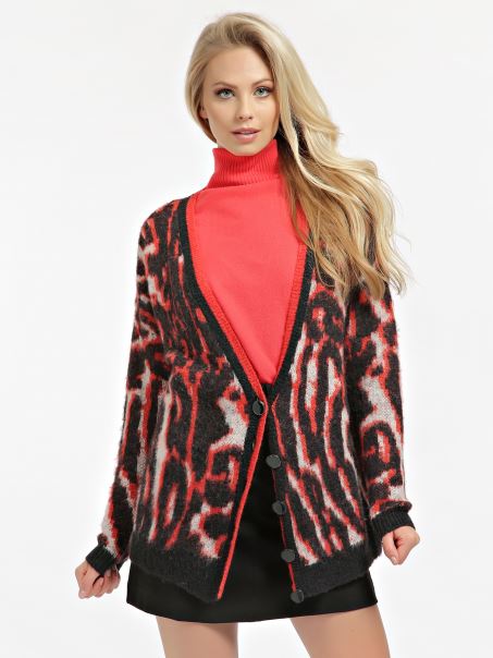 Cardigan Din Amestec De Lână Cu Imprimeu Animal Guess Red Multi