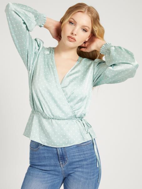 Bluză Din Satin Cu Imprimeu Guess, Albastru Deschis