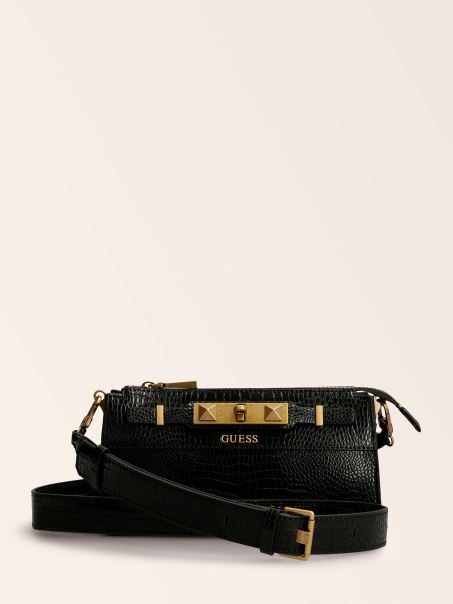 Guess Raffie Croc Print Mini Crossbody Negru