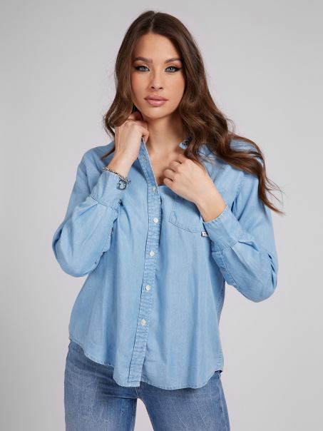 Guess Cămașă Din Denim Oversize, Albastră