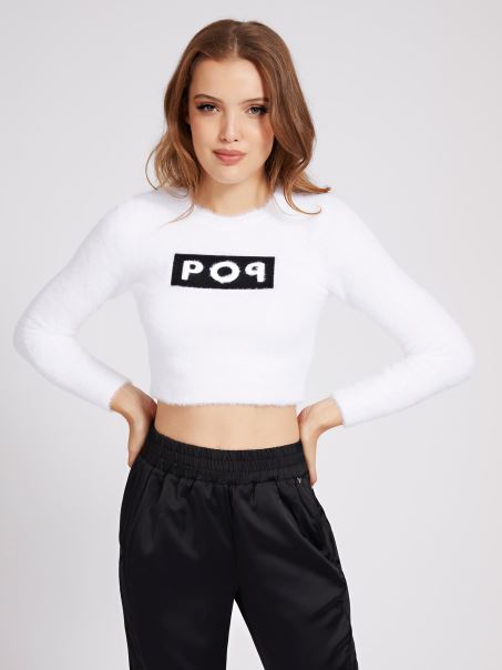 Alb Cu Gât Rotund Crop Fit Pulover Guess