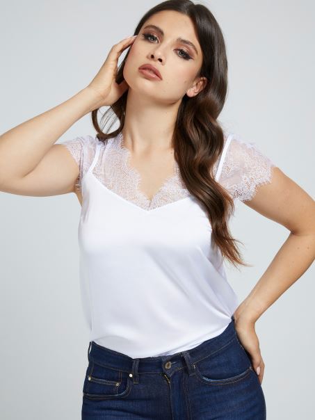 Guess Detalii Din Dantela Albă Top Din Satin