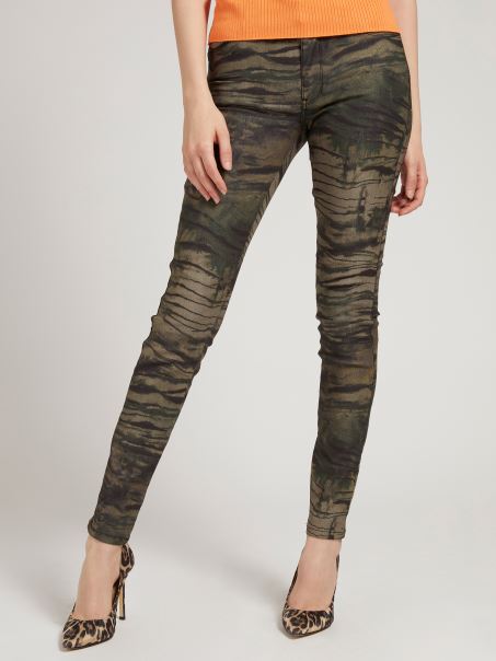 Pantaloni Skinny Cu Imprimeu Peste Tot, Verde Multi Guess