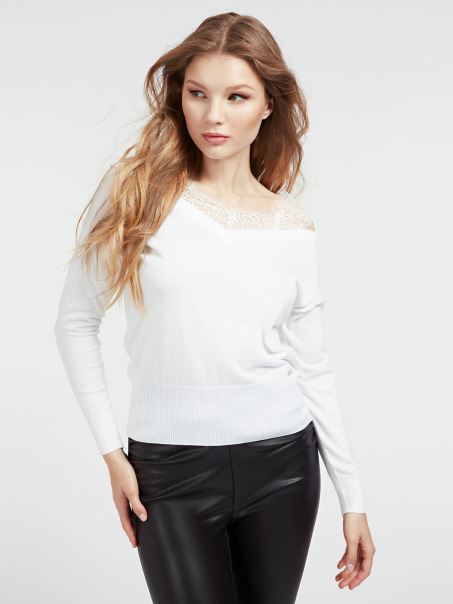 Guess Off Umăr Dantelă Detalii Pulover Alb