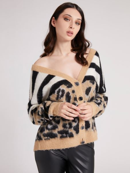 Guess Animalier Amestec De Lână Cardigan Multi Bej