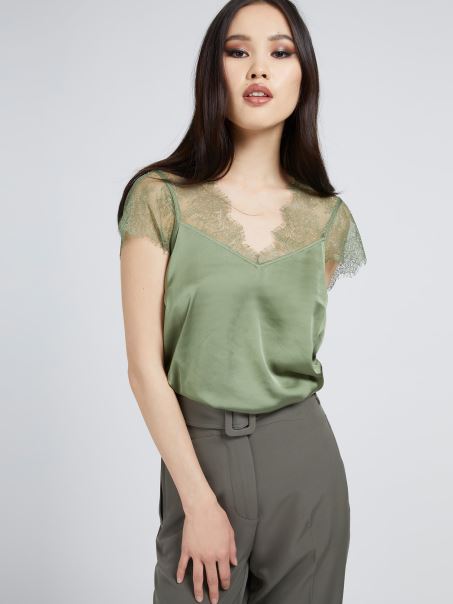 Detalii Dantela Top Satin Verde Guess
