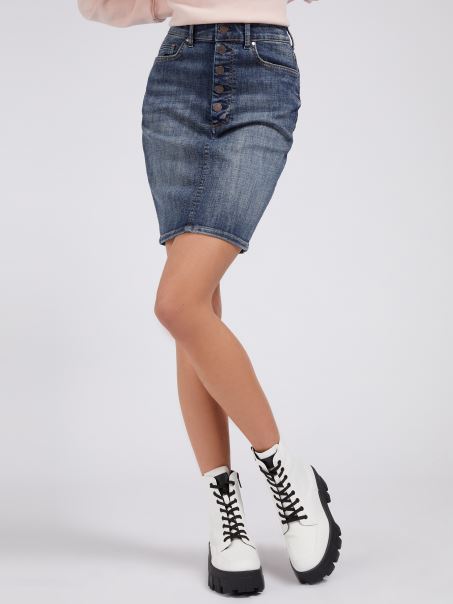 Guess Fustă Denim Albastru Nasturi Expuși