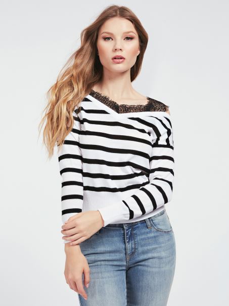 Cu Umăr Deschis Dantelă Detalii Pulover Model Multicolor Guess