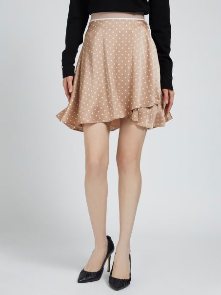 Guess Fusta Din Satin Cu Imprimeu Buline Bej