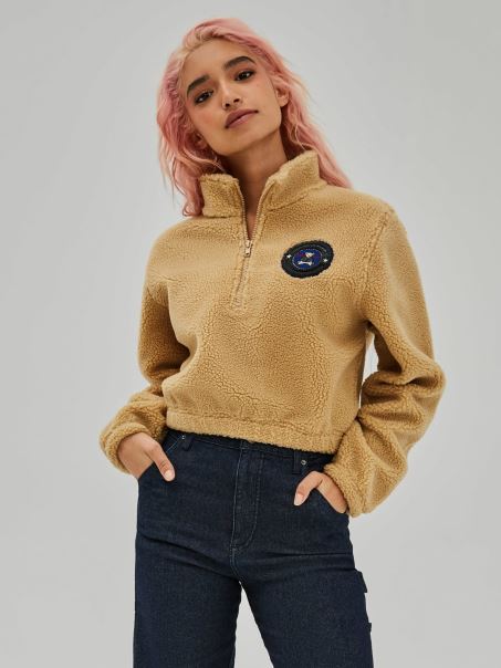 Hanorac Crop Guess Cu Logo în Față Bej