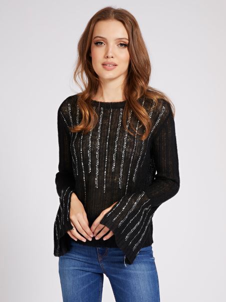 Gât Barca Strasuri Pulover Negru Guess