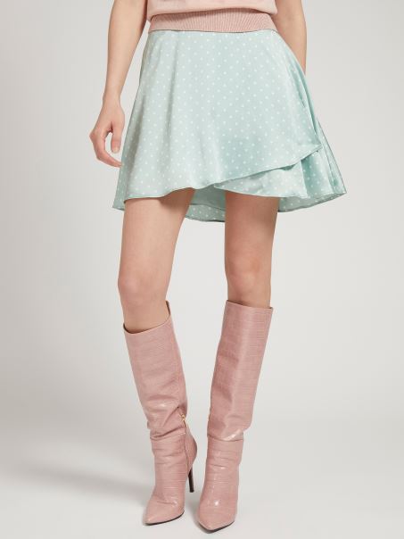 Guess Fustă Din Satin Cu Imprimeu De Puncte Albastru Deschis