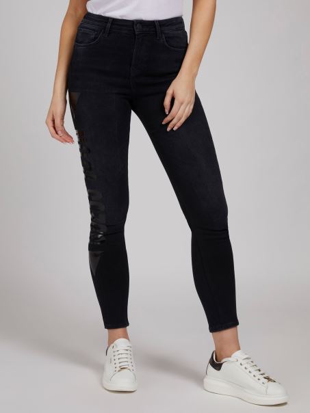 Pantaloni Denim Skinny Cu Imprimeu Folie Guess Negru