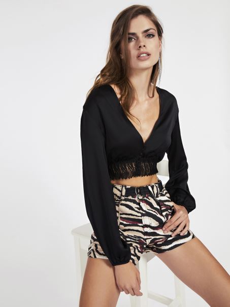 Crop Top Cu Inserție Din Dantelă Guess Negru