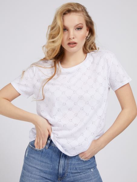 Guess Tricou Cu Logo Alb Peste Tot