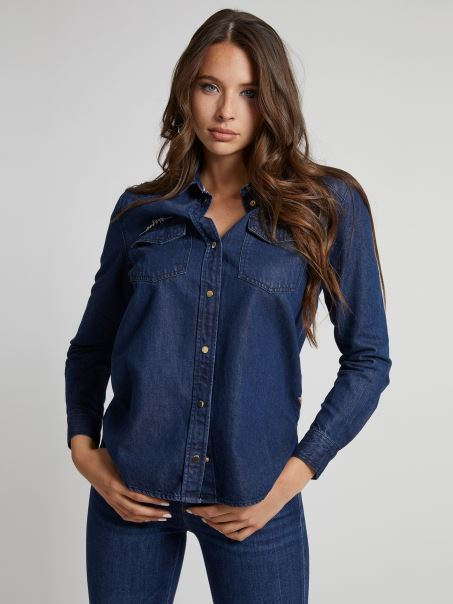 Cămașă Din Denim Slim Fit Cu Broderie Guess Albastră